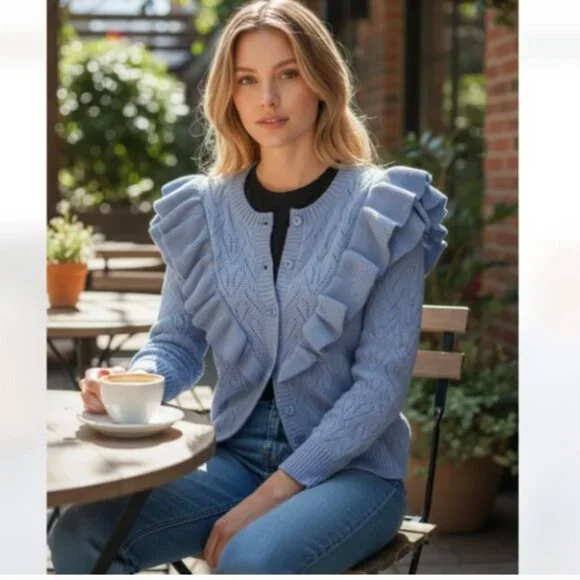 NWT Bagatelle Collection Ivor Ruffle Open Knit Cardigan Sweater Frilly Shoulders - Picture 6 of 7